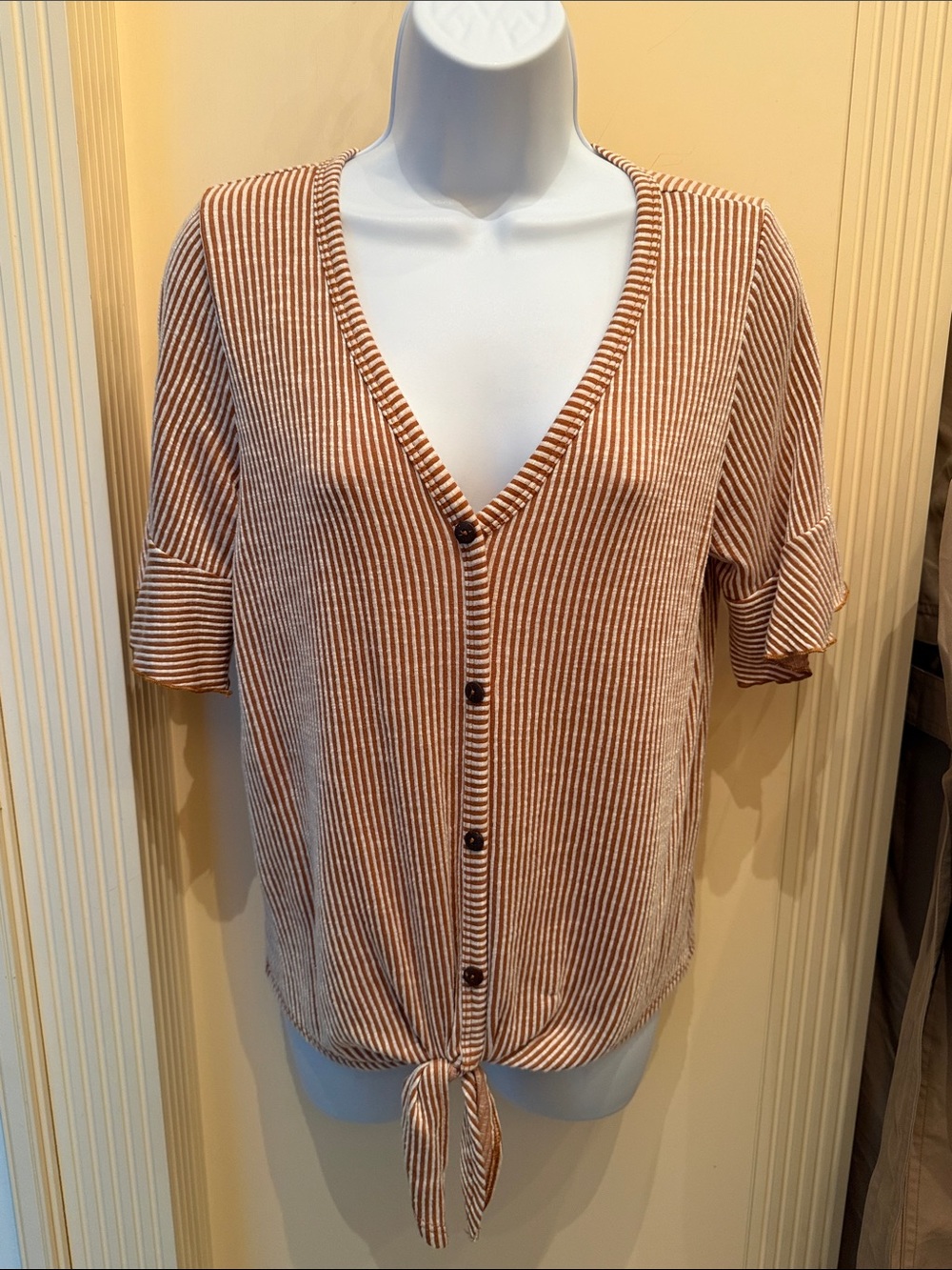Striped Button-Front Tie-Hem Top - Brown/White